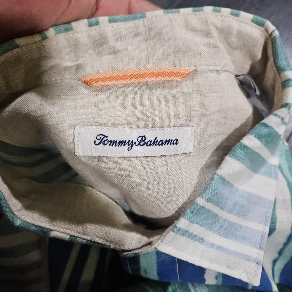 Tommy Bahama 100% Linen Shirt Men L Blue Striped Beach Preppy Boating Yachting - Picture 3 of 12